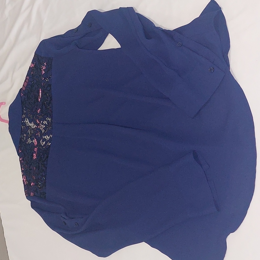 Express The Portofino Navy Blue Button Down Shirt with Lace .Size XS - Picture 6 of 6